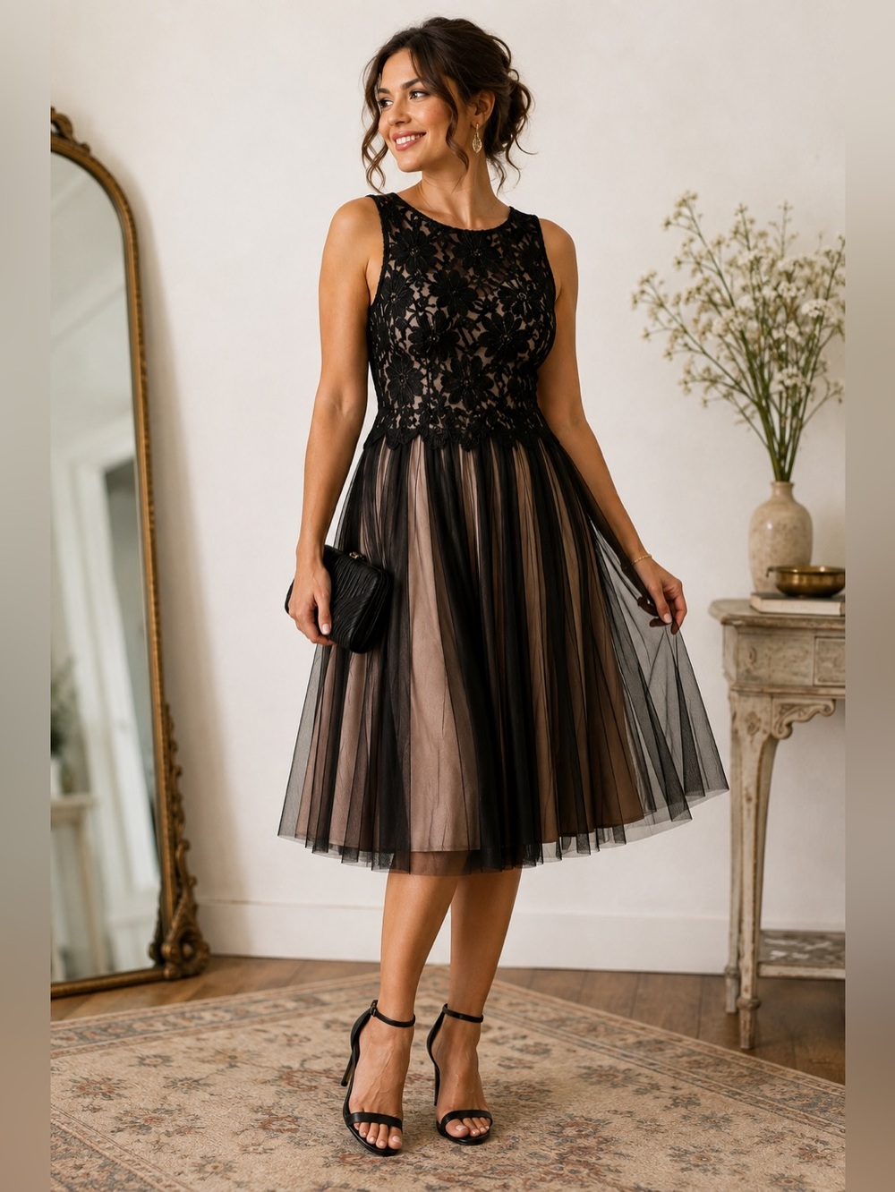 Joanna Chen Size 14 Black Floral Lace Tulle Fit & Flare Cocktail Dress Romantic